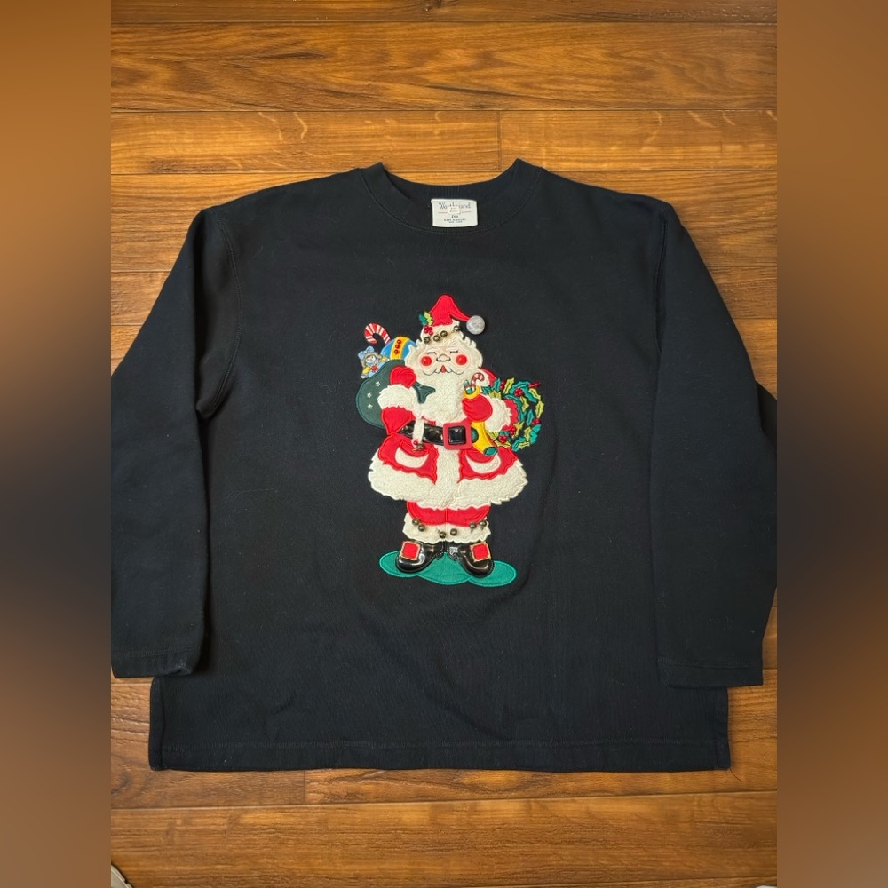 Vintage Santa Christmas Sweatshirt – Embroidered 3D Fuzzy Holiday Top‎